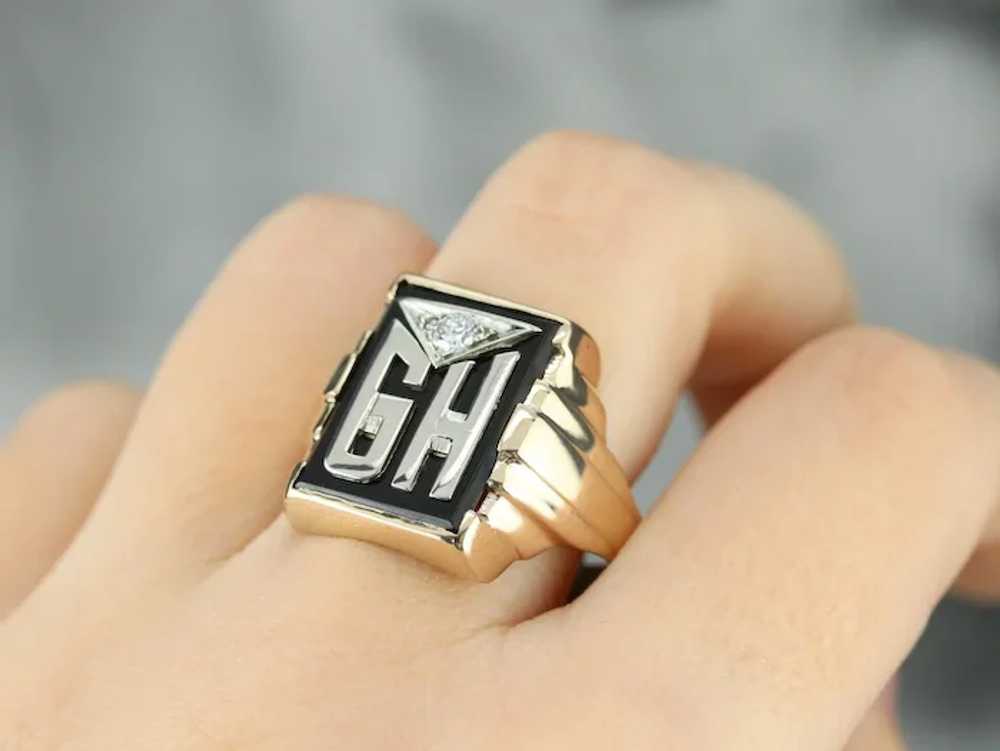 Men's "GH" Monogrammed Diamond and Onyx Ring - image 8