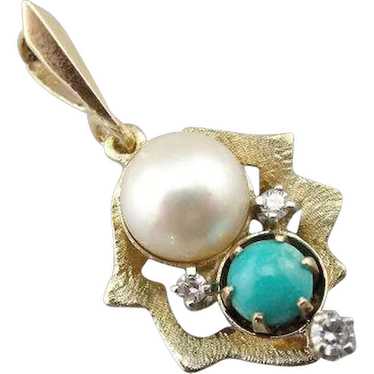 Turquoise, Cultured Pearl, and Diamond Pendant