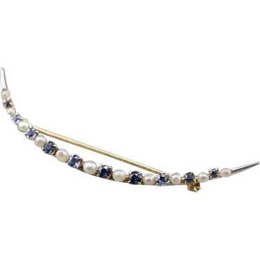 Crescent Moon Sapphire and Freshwater Pearl Brooch - image 1