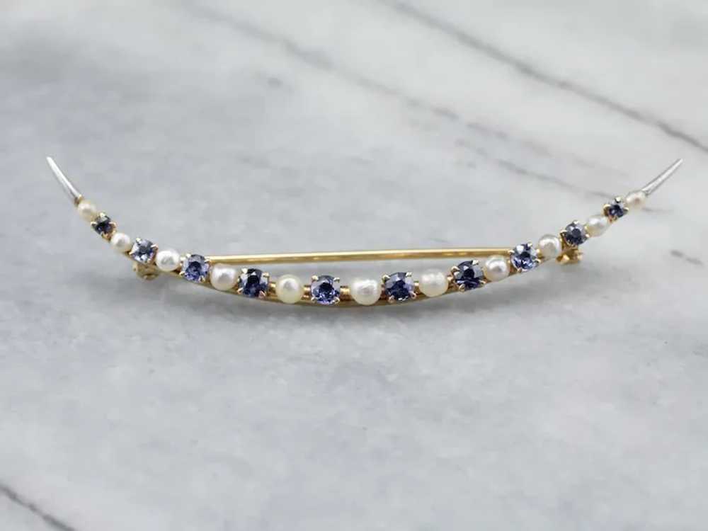 Crescent Moon Sapphire and Freshwater Pearl Brooch - image 2