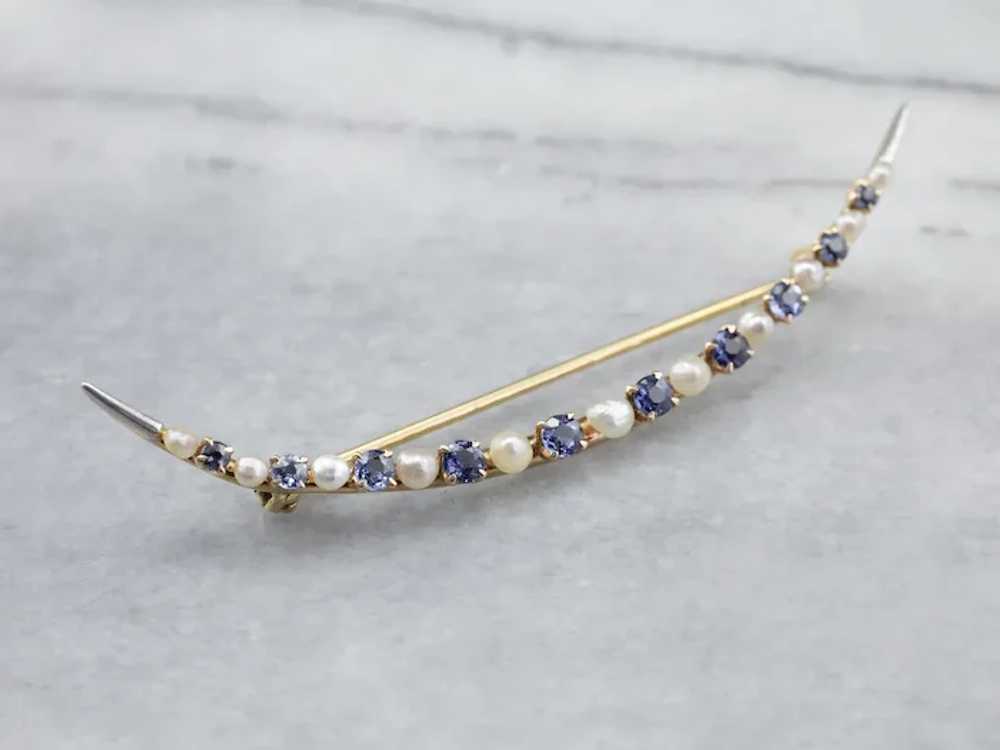 Crescent Moon Sapphire and Freshwater Pearl Brooch - image 3