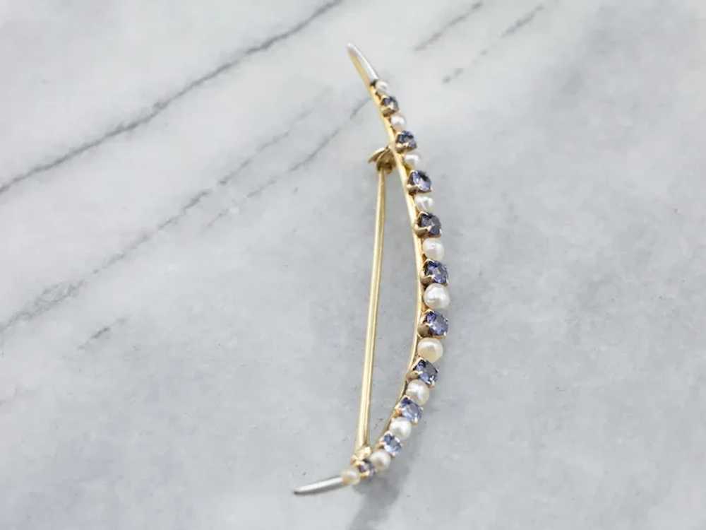 Crescent Moon Sapphire and Freshwater Pearl Brooch - image 4