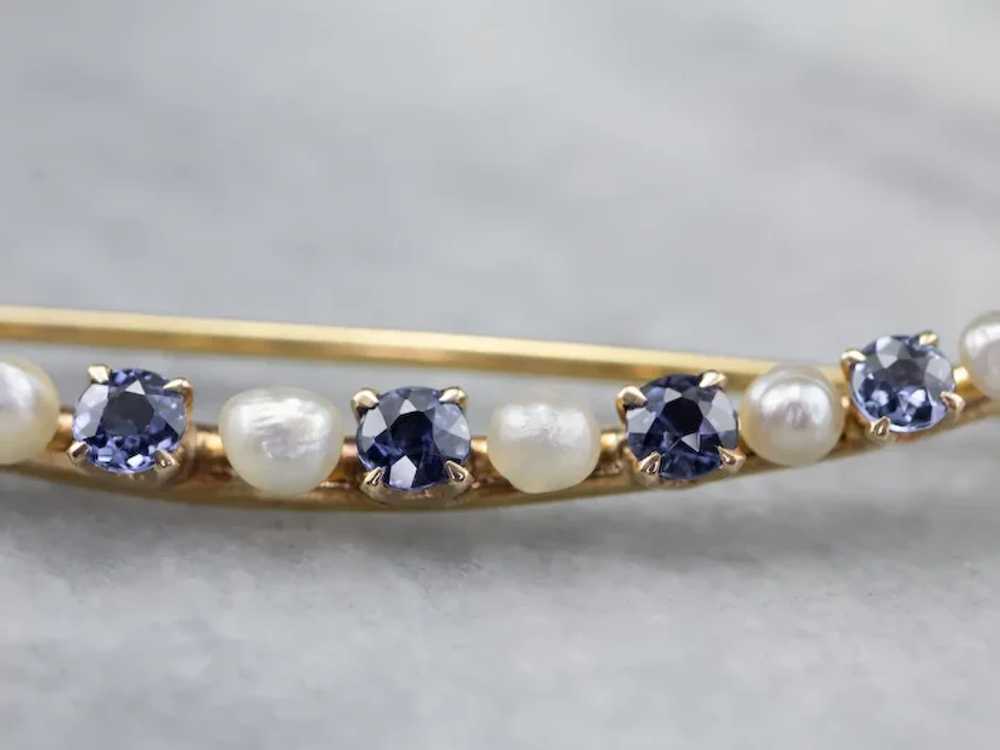 Crescent Moon Sapphire and Freshwater Pearl Brooch - image 5