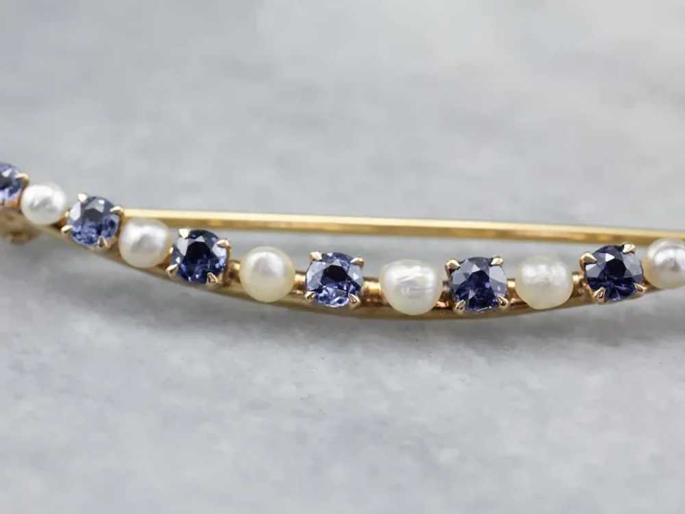 Crescent Moon Sapphire and Freshwater Pearl Brooch - image 6