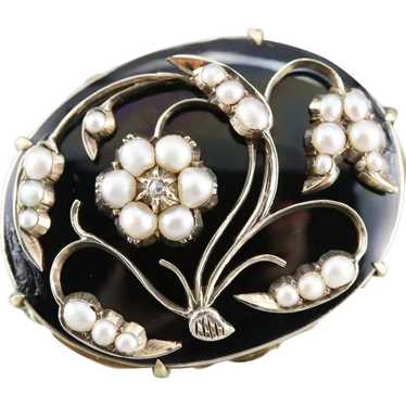 Antique Floral Cultured Seed Pearl and Diamond Bro
