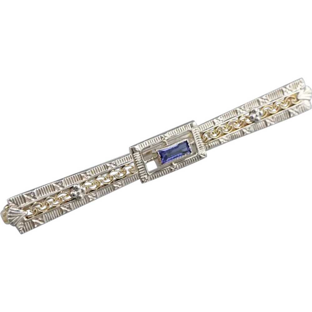 Art Deco Synthetic Sapphire Filigree Brooch - image 1