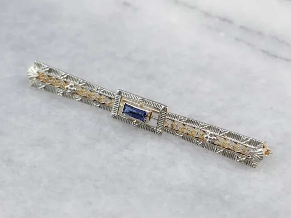 Art Deco Synthetic Sapphire Filigree Brooch - image 2