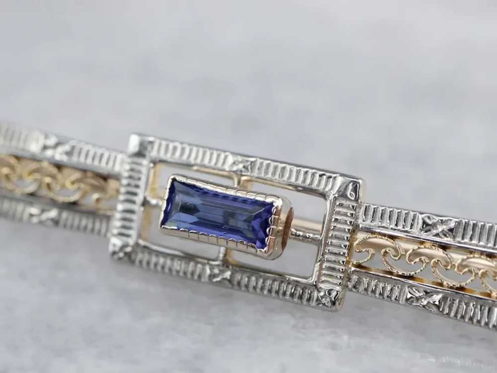 Art Deco Synthetic Sapphire Filigree Brooch - image 5