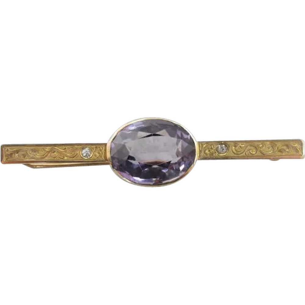 Exquisite Antique Bar Pin with Fine Amethyst Cent… - image 1