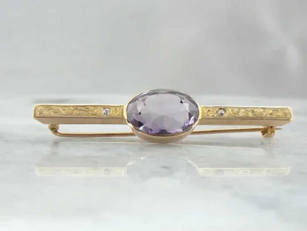 Exquisite Antique Bar Pin with Fine Amethyst Cent… - image 2