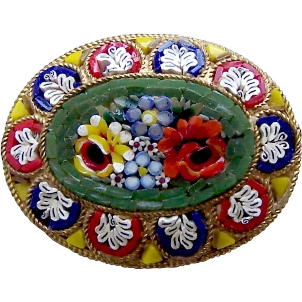 Late Victorian micromosaic brooch Murano style fl… - image 1