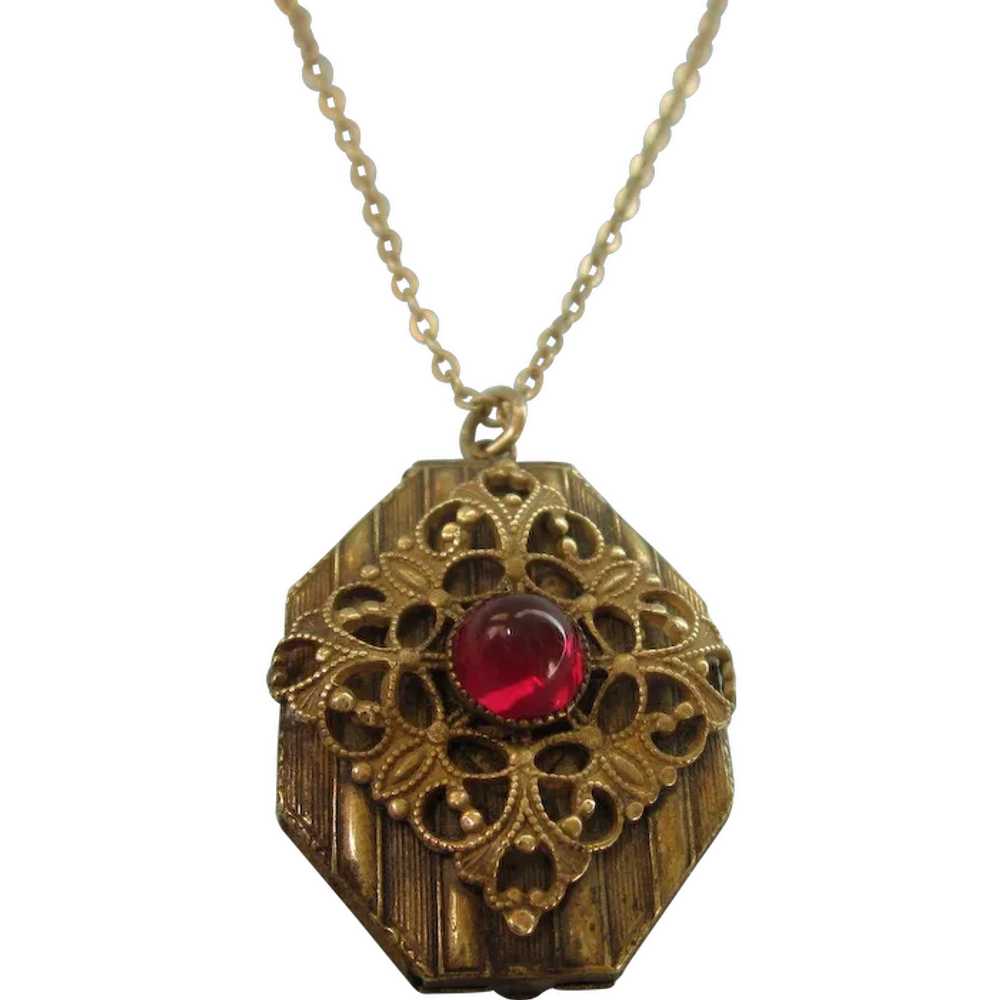 Ornate Vintage Gold Filled Locket With Red Stone … - image 1