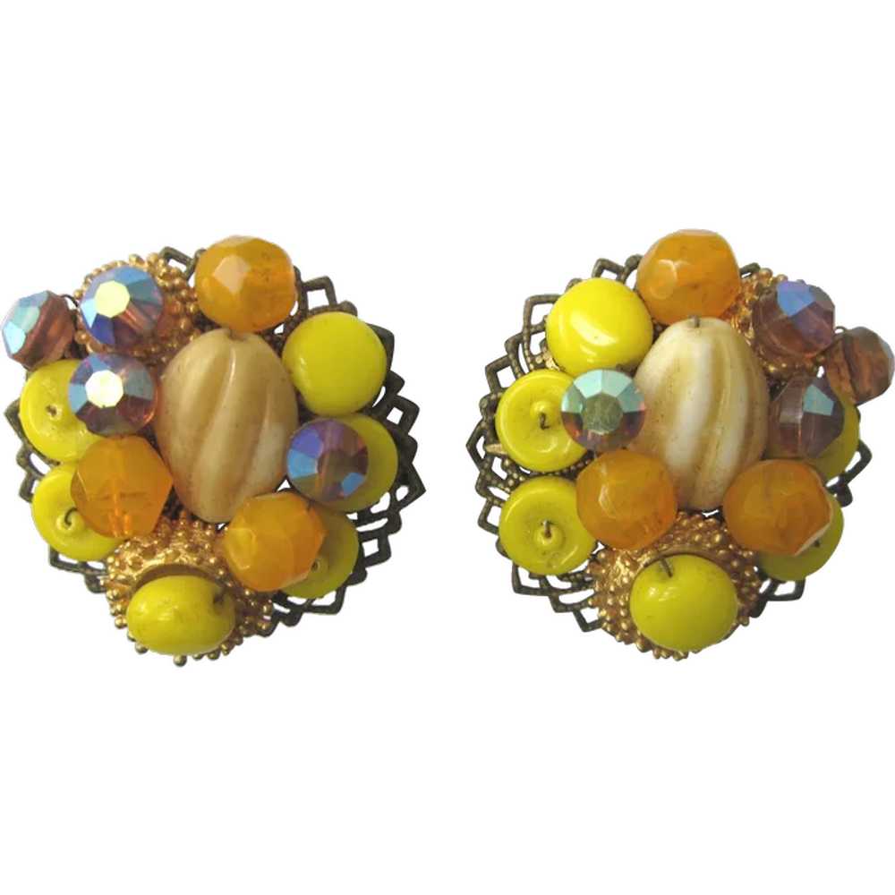 Vintage Czech Bead Filigree Clip Back Earrings - … - image 1