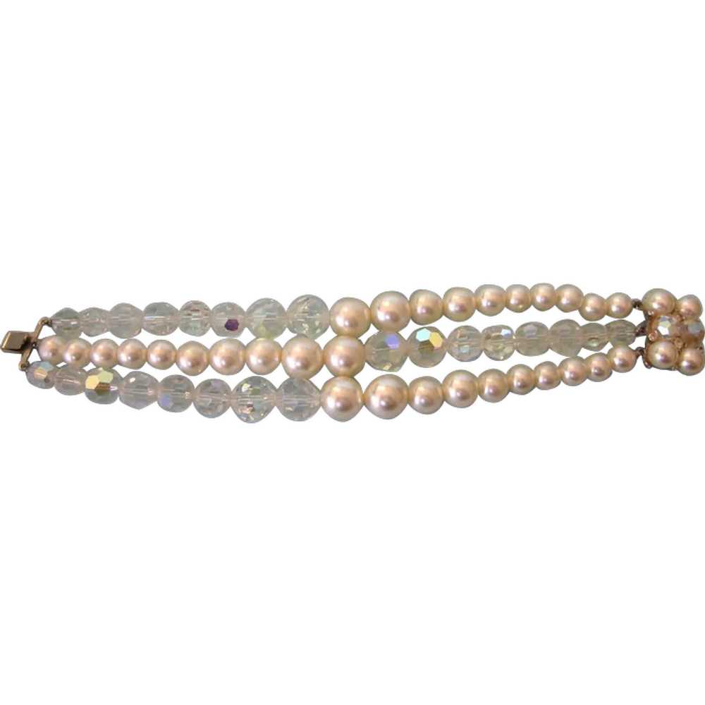 Vintage Crystal & Faux Pearl Three Row Bracelet -… - image 1