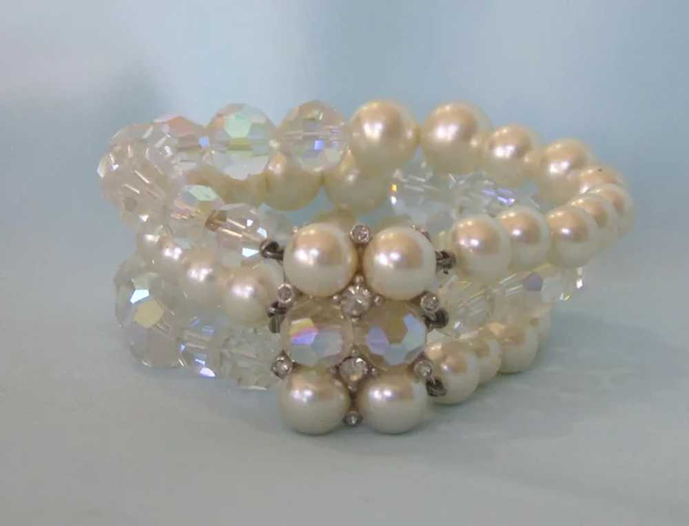 Vintage Crystal & Faux Pearl Three Row Bracelet -… - image 2