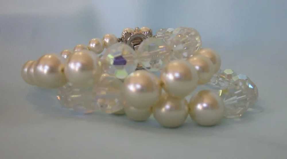 Vintage Crystal & Faux Pearl Three Row Bracelet -… - image 3