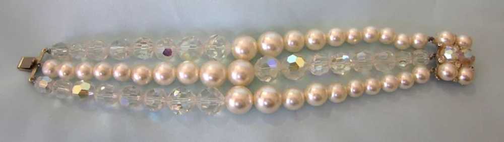 Vintage Crystal & Faux Pearl Three Row Bracelet -… - image 4