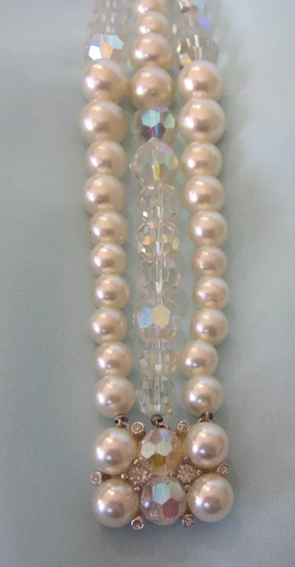 Vintage Crystal & Faux Pearl Three Row Bracelet -… - image 5