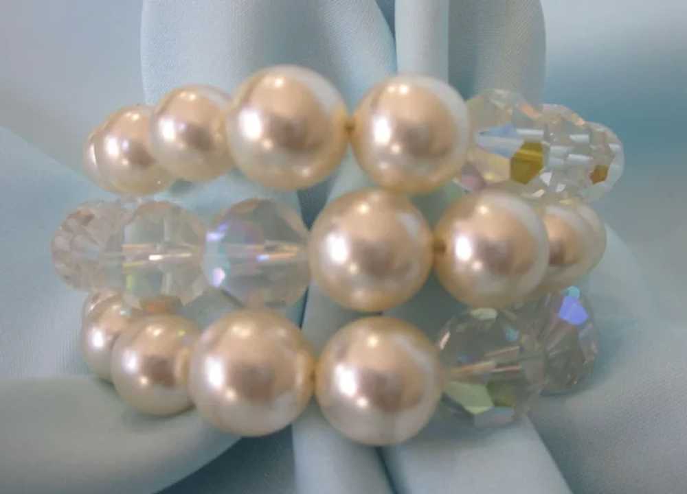 Vintage Crystal & Faux Pearl Three Row Bracelet -… - image 6