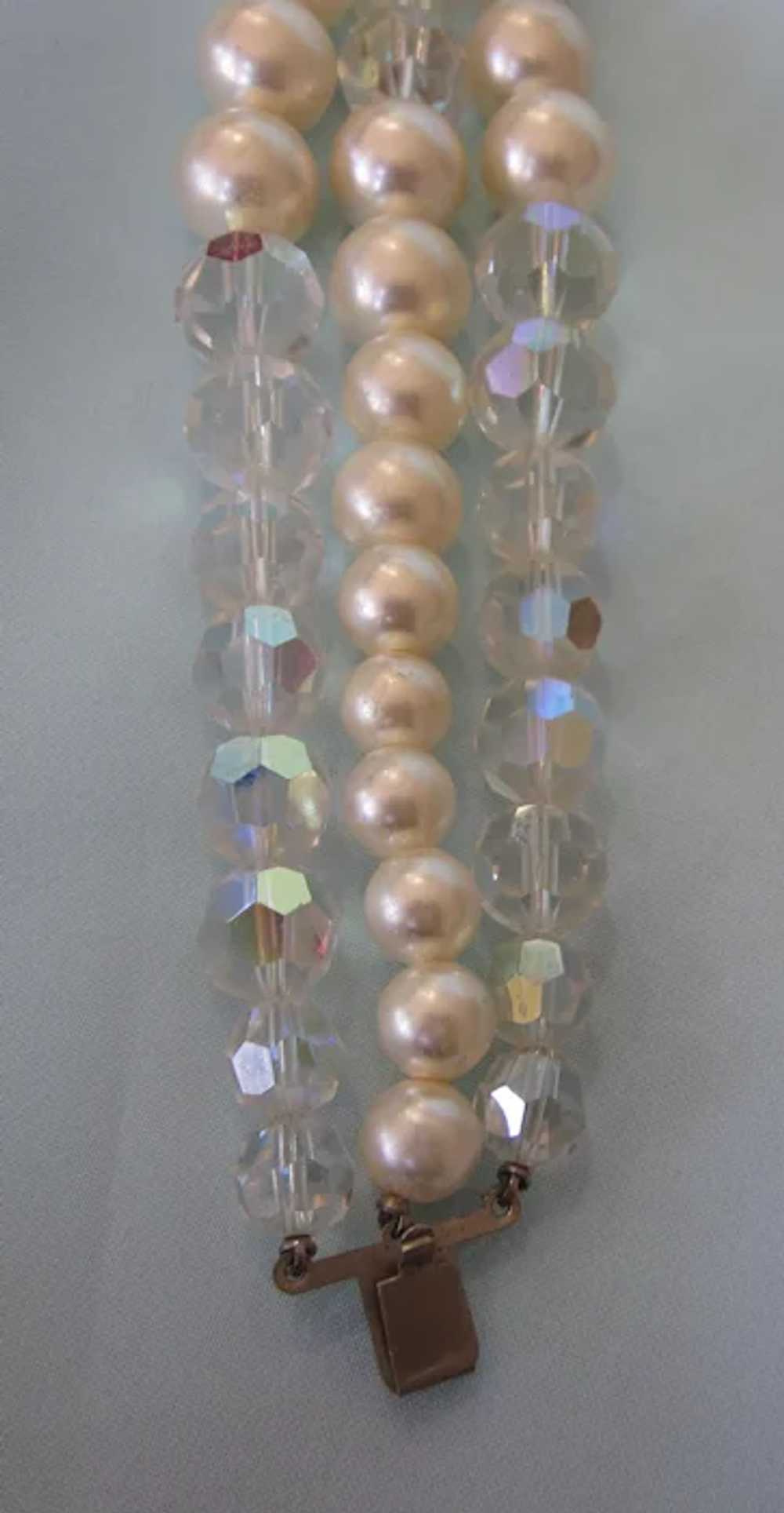 Vintage Crystal & Faux Pearl Three Row Bracelet -… - image 7