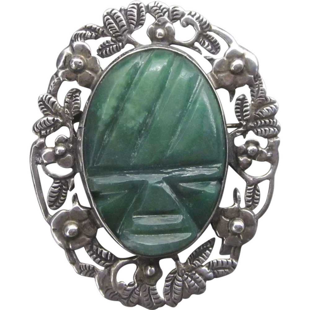 Vintage Sterling Mexican Jade Large, Ornate Carve… - image 1