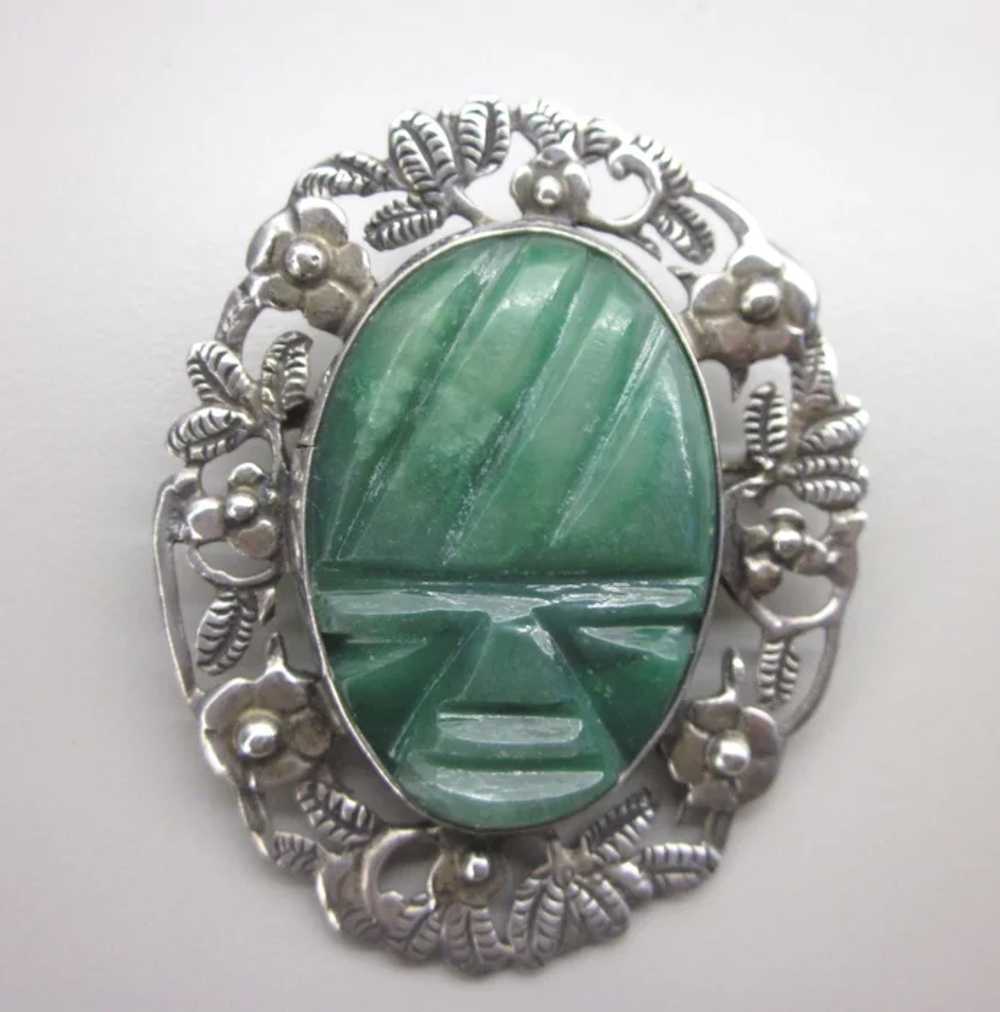 Vintage Sterling Mexican Jade Large, Ornate Carve… - image 2