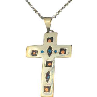 Vintage Handcrafted Silver Cross Pendant with Gol… - image 1