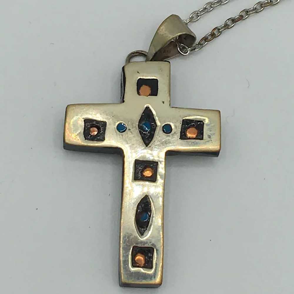Vintage Handcrafted Silver Cross Pendant with Gol… - image 2