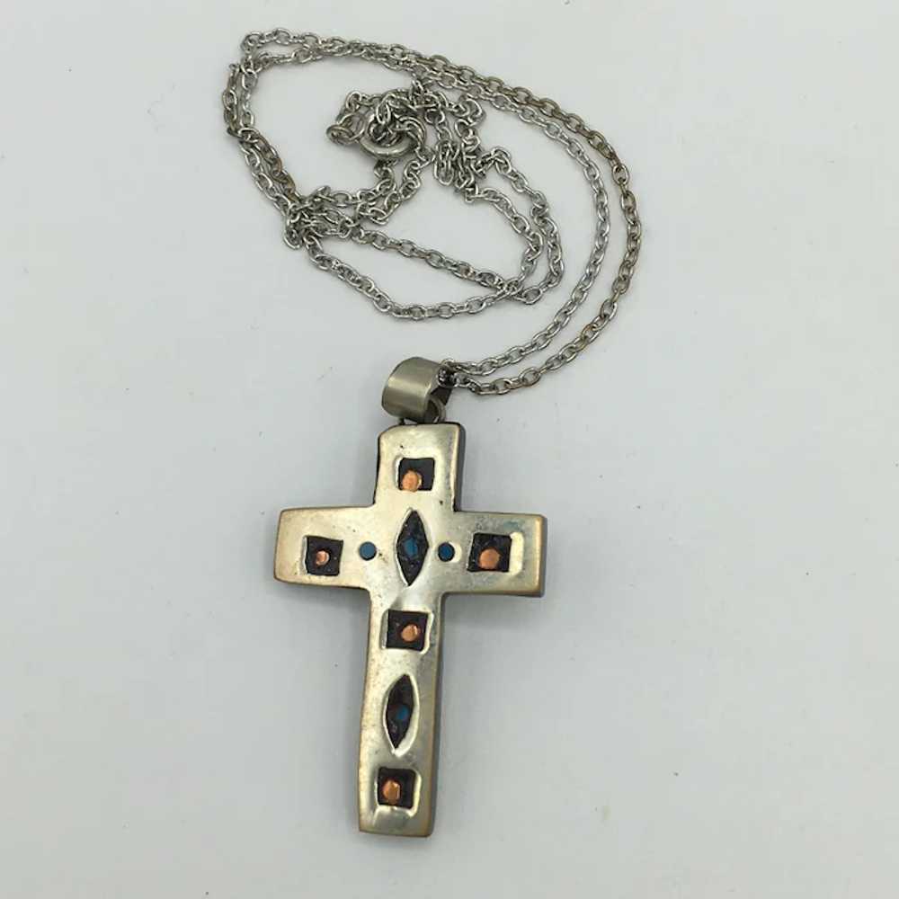 Vintage Handcrafted Silver Cross Pendant with Gol… - image 3
