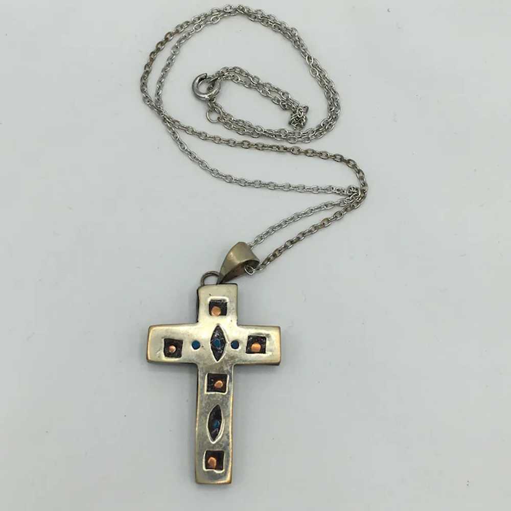 Vintage Handcrafted Silver Cross Pendant with Gol… - image 5