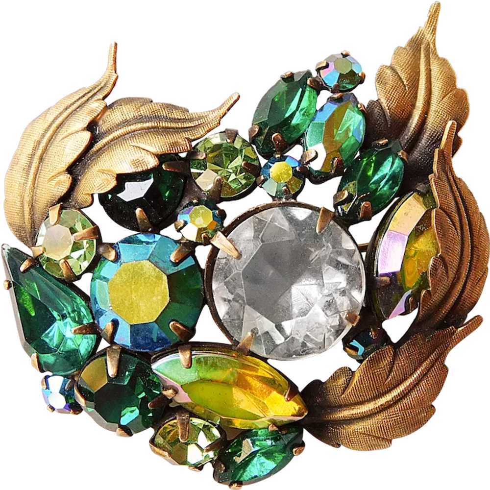 Gorgeous GREEN RHINESTONE Mixed Colors Vintage Br… - image 1