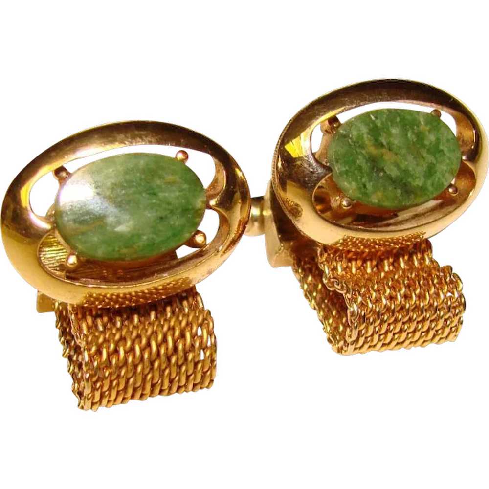 Awesome Vintage GREEN STONE Mesh Wrap Cufflinks - image 1