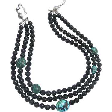 Black Onyx & Turquoise 3-Strand Necklace Sterling… - image 1