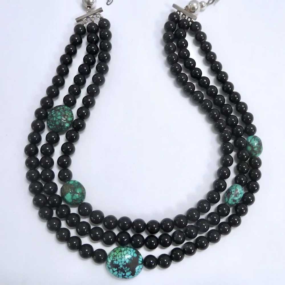 Black Onyx & Turquoise 3-Strand Necklace Sterling… - image 3