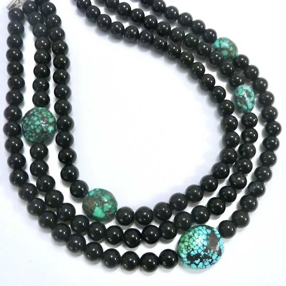 Black Onyx & Turquoise 3-Strand Necklace Sterling… - image 4