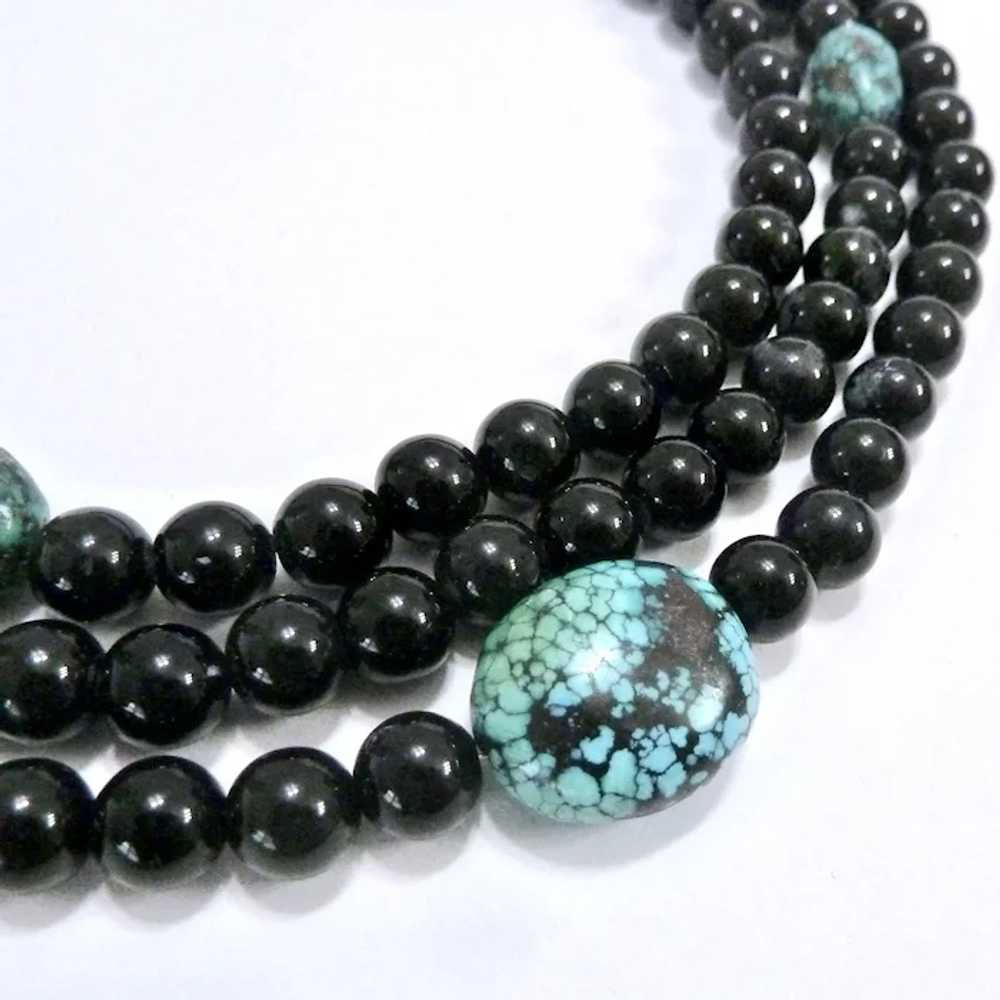 Black Onyx & Turquoise 3-Strand Necklace Sterling… - image 5