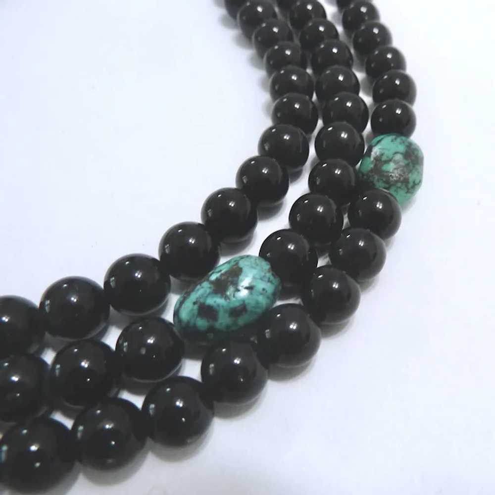 Black Onyx & Turquoise 3-Strand Necklace Sterling… - image 6