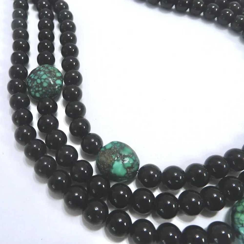 Black Onyx & Turquoise 3-Strand Necklace Sterling… - image 7
