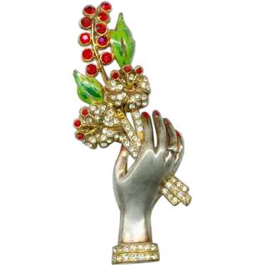 Vintage Pot Metal HAND & BOUQUET Brooch / Pin - image 1