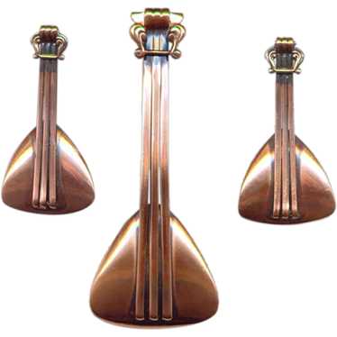 RENOIR Modernist Copper "BALALAIKA" Pin & Earring… - image 1