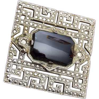 Sterling and Onyx Art Deco Marcasite Brooch - image 1