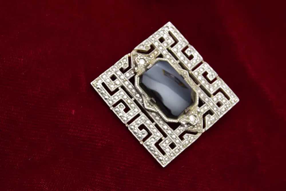 Sterling and Onyx Art Deco Marcasite Brooch - image 2