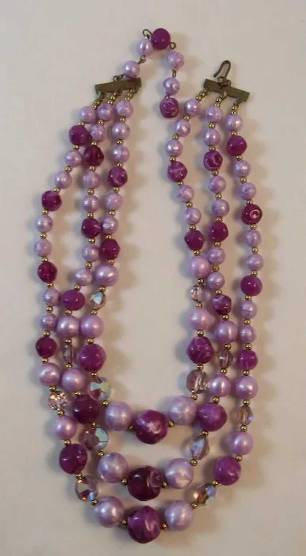 Triple Strand Purple Bead Necklace - image 3