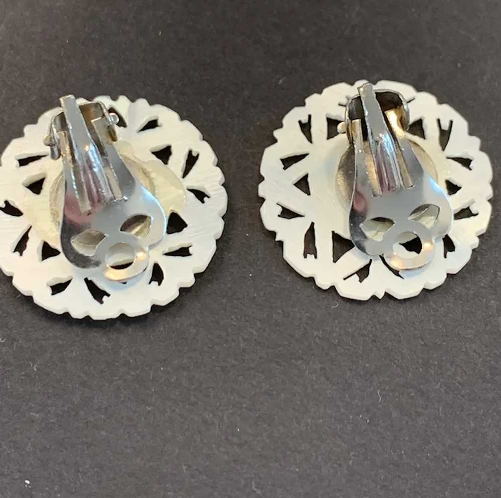 Carved Mother of Pearl Pin and Earring Set MOP St… - image 8