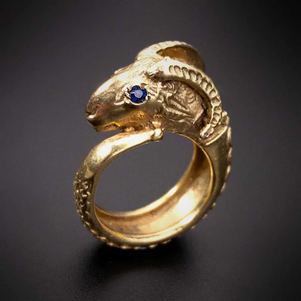 Antique 9K & Sapphire Rams Head Ring - image 2
