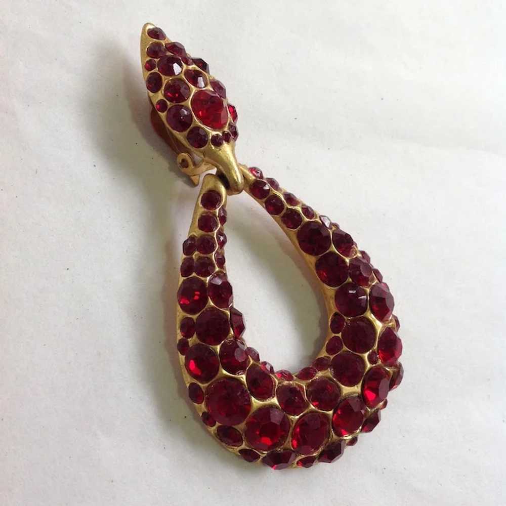 Large Red Rhinestone Hanging Loop Earrings - image 2