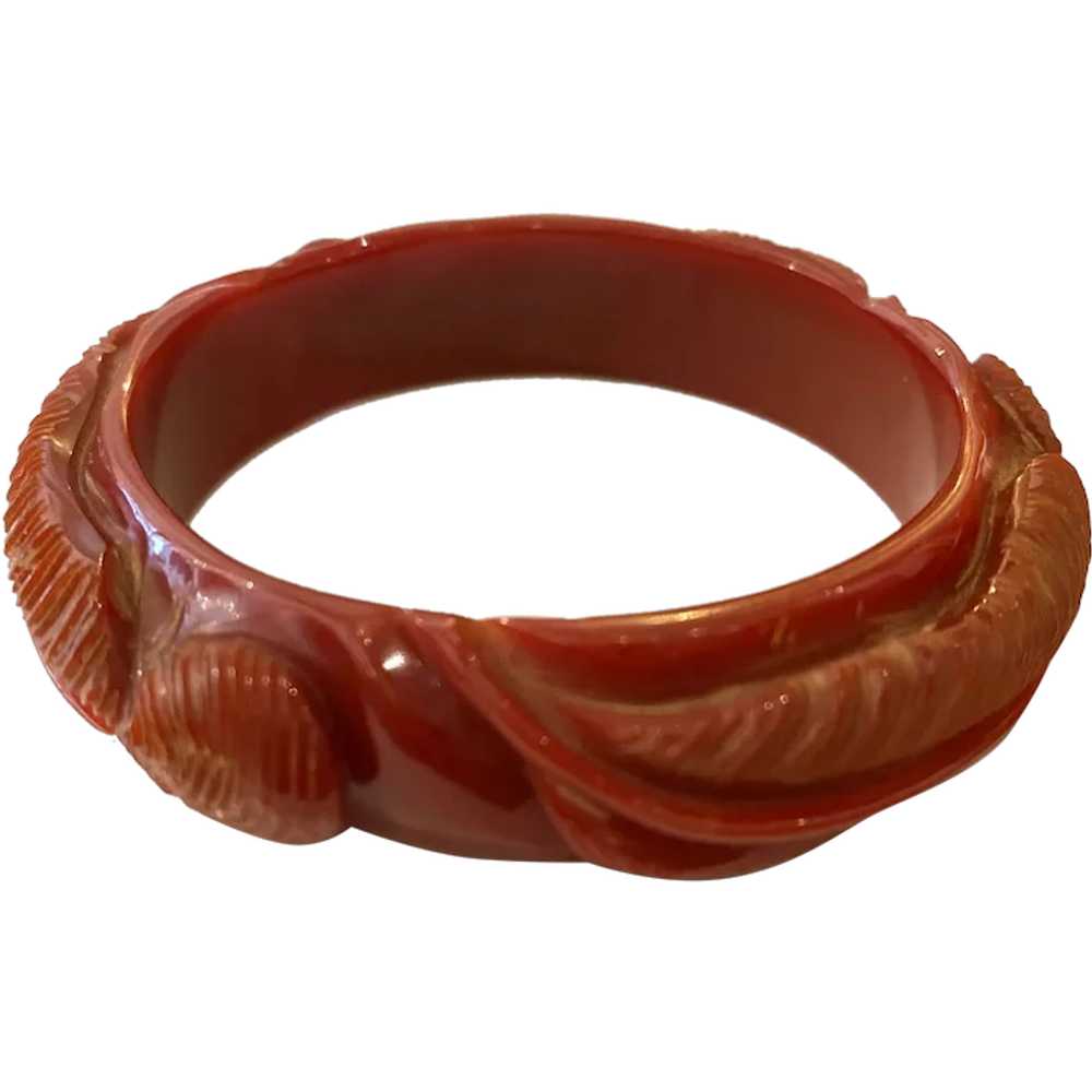 1930s Art Deco Carved Rust Red Bakelite Bangle wi… - image 1