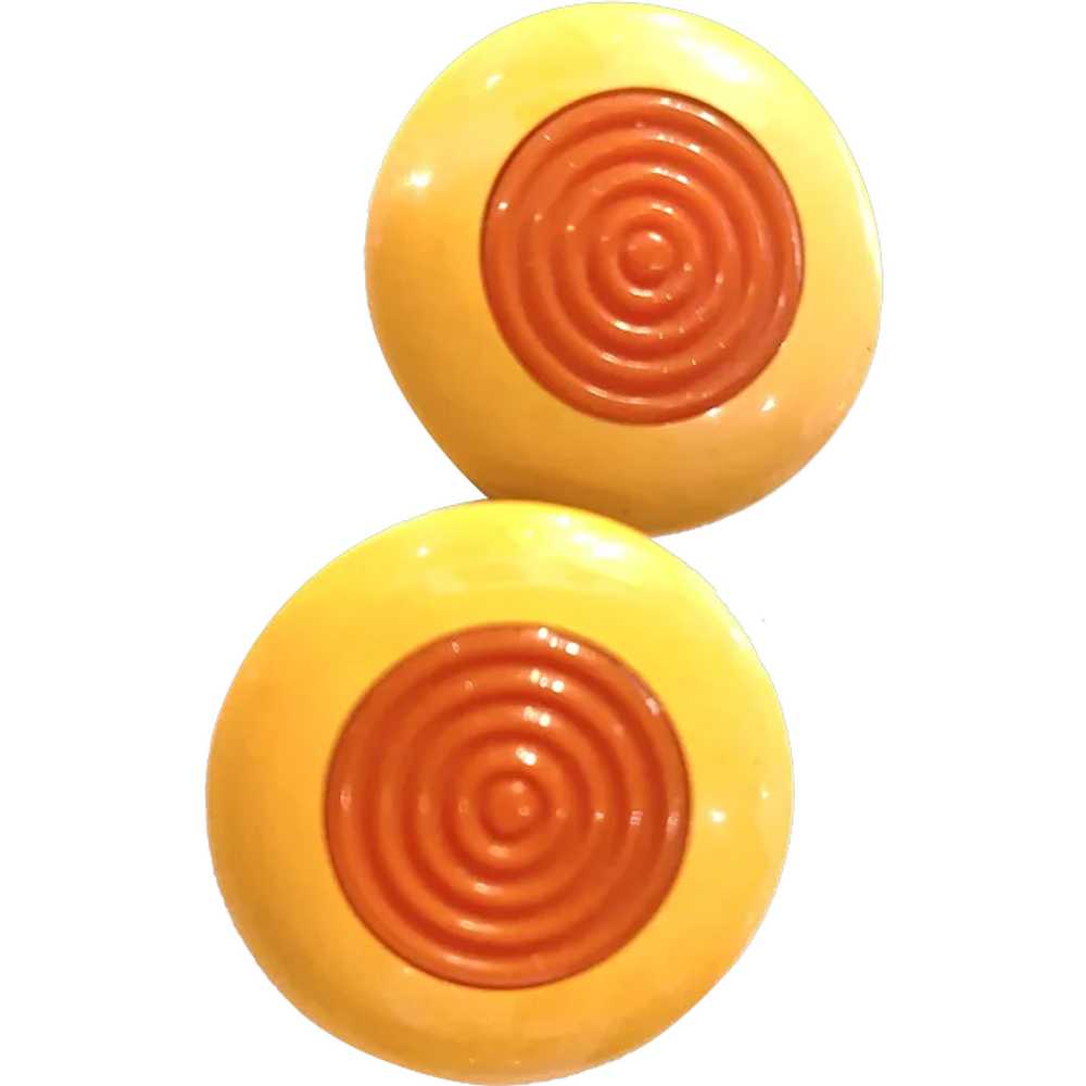 1930s Cream and Orange Bakelite Large Geometric C… - image 1