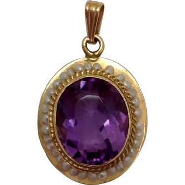 Amethyst and Seed Pearl Pendant 14K