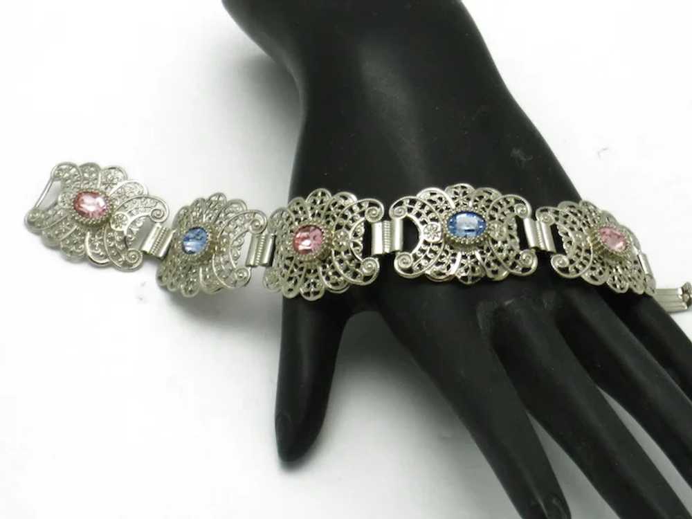 Vintage Silver Plated Pink and Blue Rhinestone Fi… - image 2